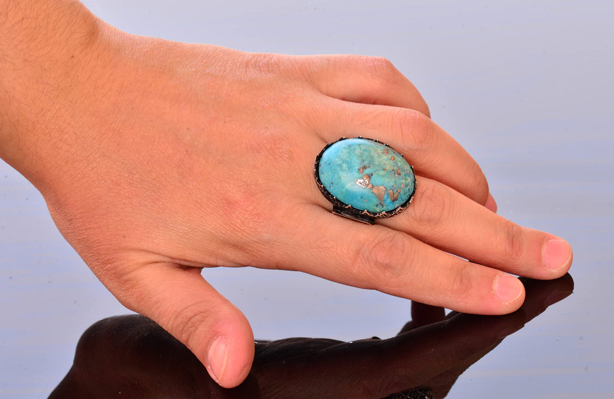 KAMBO Handmade Men's Natural Turquoise Ring in 925 Sterling Silver - Large Vintage Statement Ring for Him - Unique Style
