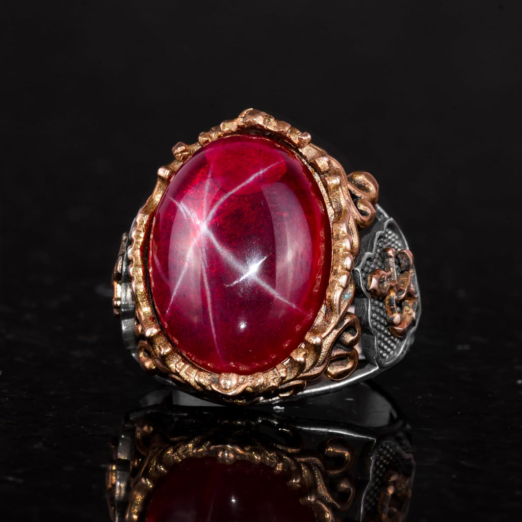Nautical Anchor Ring - Natural Star Ruby Stone 925 Sterling Silver Men's Ring — 5
