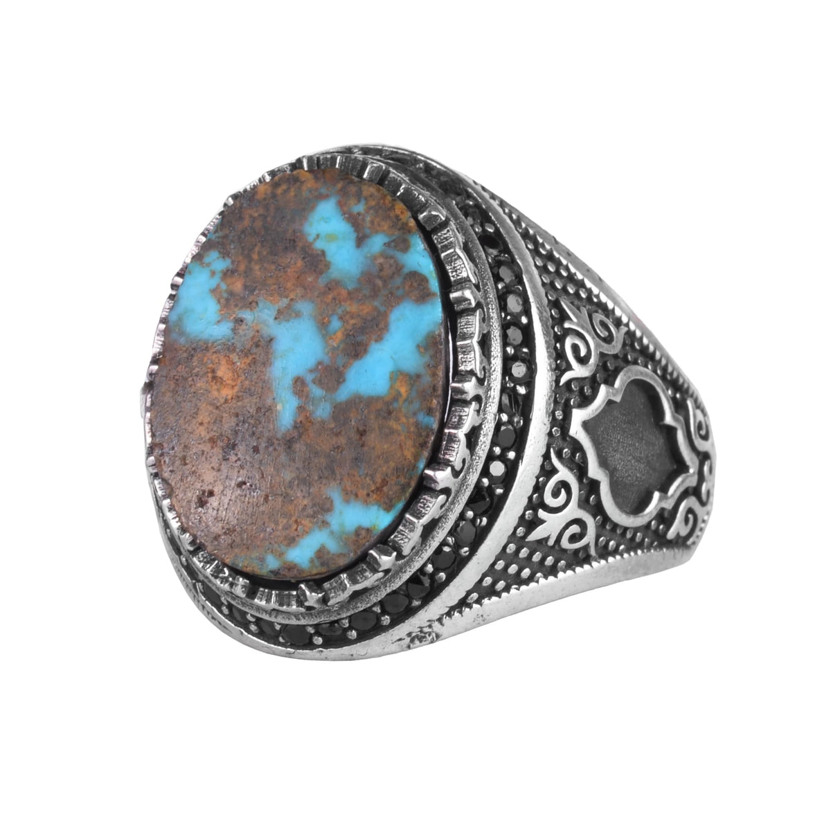 KAMBO Turquoise Stone Men's Ring 925 Sterling Silver – Natural Turquoise Statement Ring – Vintage Ottoman Style Handmade Men's Ring (Turquoise-5)