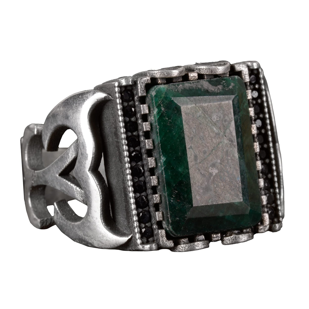KAMBO Handmade 8.25 Carat Real Genuine Emerald Sterling Silver Ring for Men, Modern Cocktail Statement Birthstone Jewelr