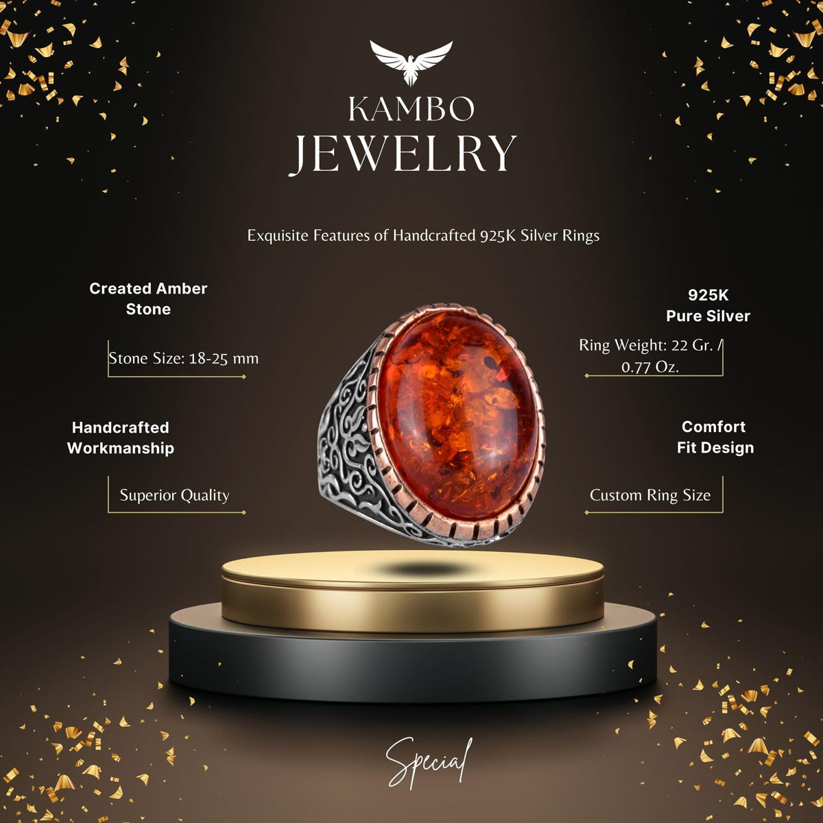 KAMBO Created Stone Ring, 925 Sterling Silver Men's Ring, Large Ring (Amber Created Stone) — 2