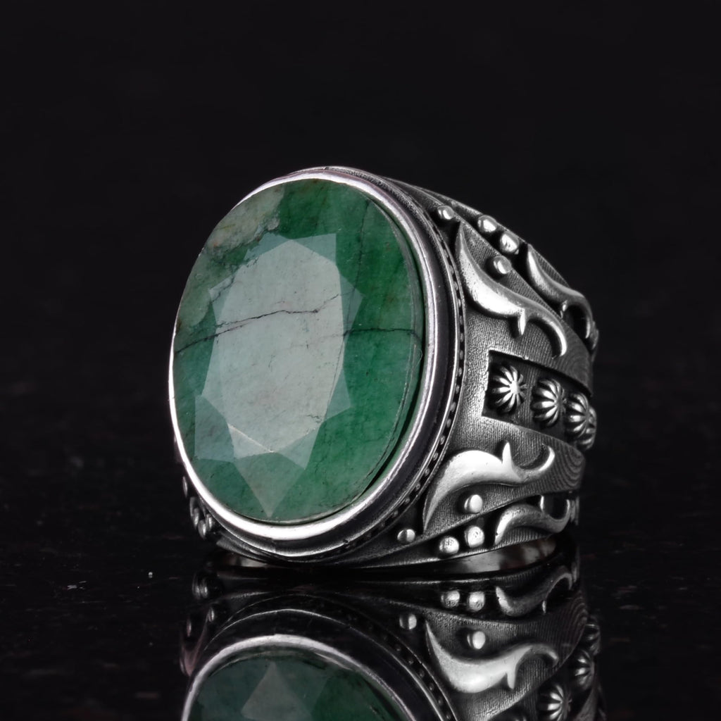 925K Pure Silver Men's Ring, Handmade Natural Emerald Stone Ring, Designer Silver Men's Ring — 5