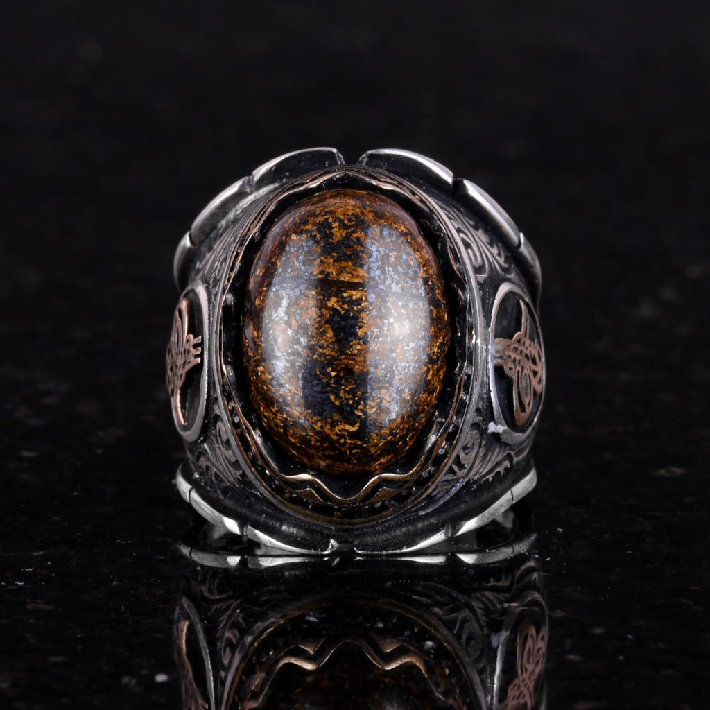 Natural Bronzie Stone Ring, 925 Sterling Silver Men's Ring, Ottoman Tughra Ring — 3