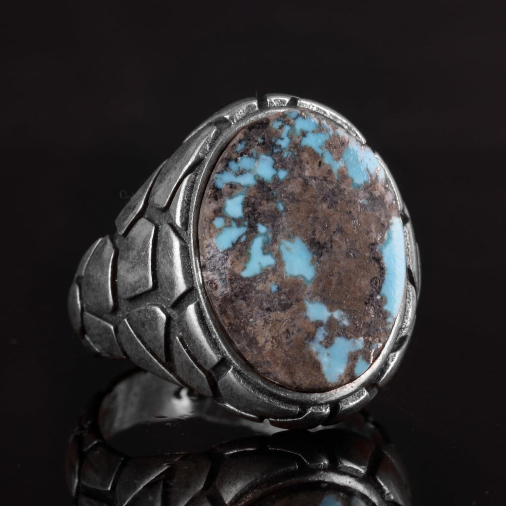 KAMBO Natural Turquoise Stone Ring - Snake Skin Pattern 925 Sterling Silver Men's Ring (Style-2) — 5