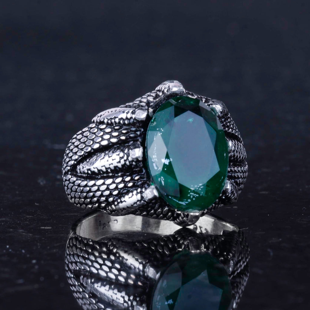 Kambo Silver Claw Ring - Synthetic Green Paraiba Stone Handmade Capricorn Ring — 5