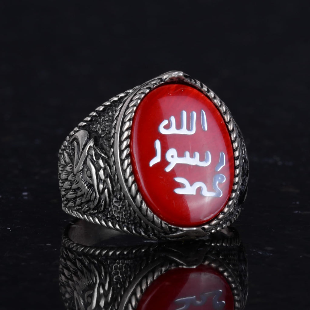 Islamic Men's Ring - Eagle Symbol Ring - 925 Sterling Silver Handmade Men's Ring (Red) — 5