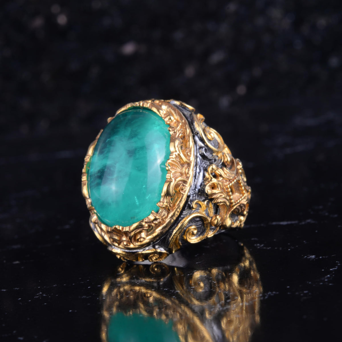 KAMBO Synthetic Paraiba Stone Men's Ring - Gold Plated 925 Sterling Silver - Large Oval Green Stone Handmade Ring — 5