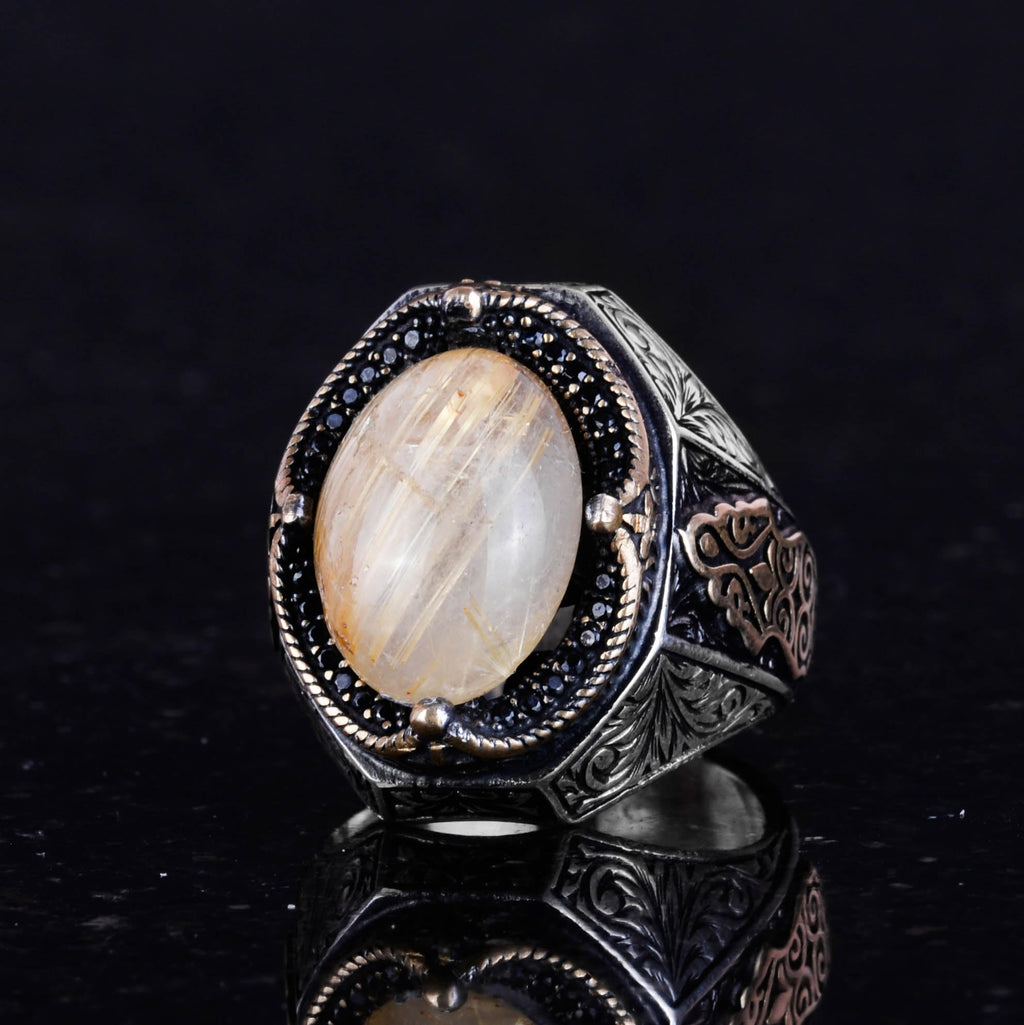 925 Sterling Silver Men's Ring - Natural Cabochon Gold Rutilated Quartz Stone Ring — 5