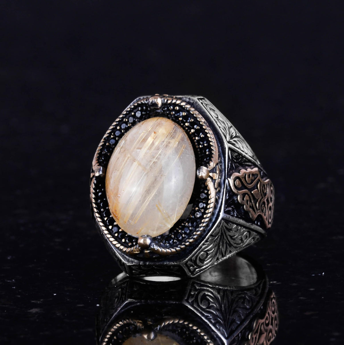 925 Sterling Silver Men's Ring - Natural Cabochon Gold Rutilated Quartz Stone Ring — 5