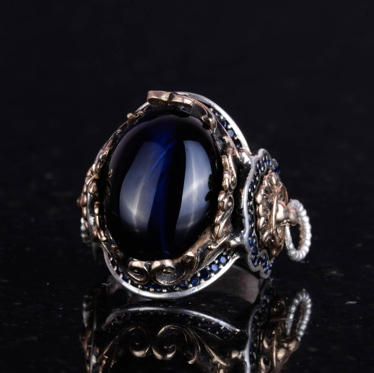 925 Sterling Silver Men's Ring - Dark Blue Cat's Eye Synthetic Stone - Lion Symbol Handmade Ring — 5
