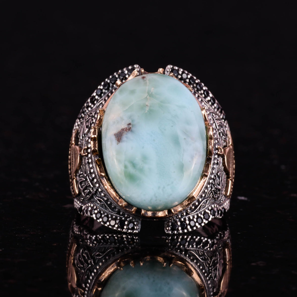Natural Larimar Stone Ring, 925 Sterling Silver Men's Ring — 3