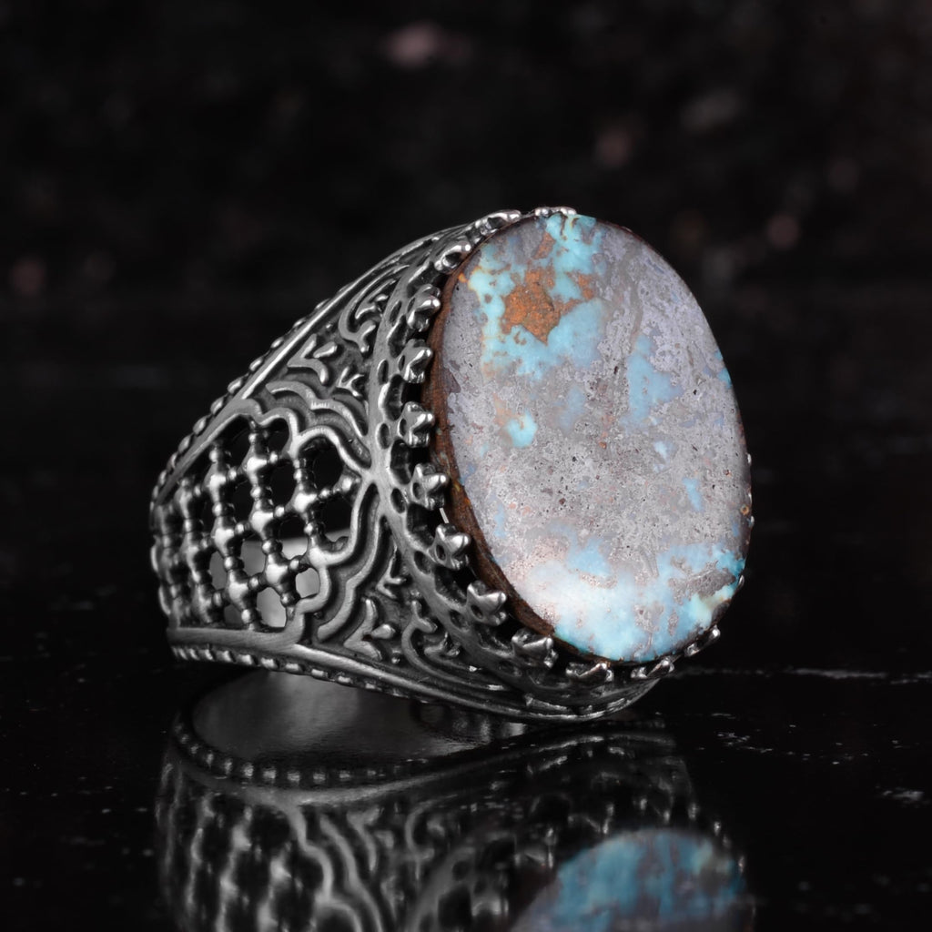 KAMBO Natural Turquoise Stone Men's Ring 925 Sterling Silver Spider Web Pattern Oval Cabochon Vintage Handmade Statement Ring (Turquoise-3) — 6