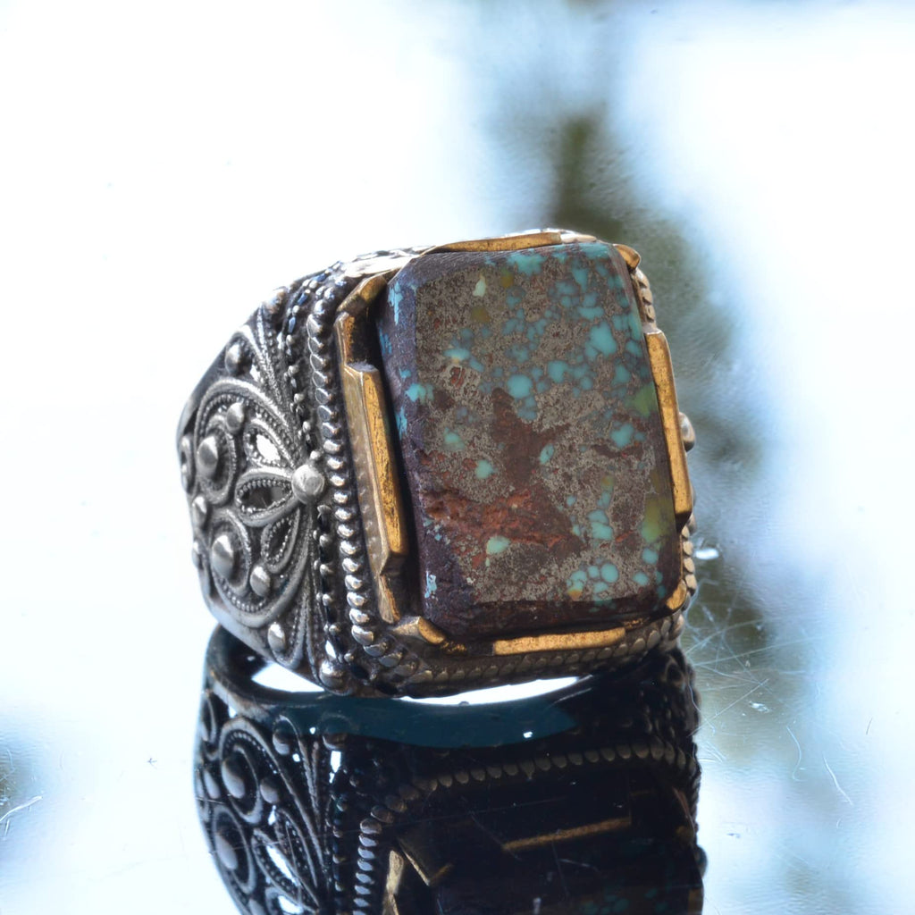 Natural Turquoise Stone Ring, Rectangular Design - 925 Sterling Silver Men's Ring, Handmade Elegance — 3