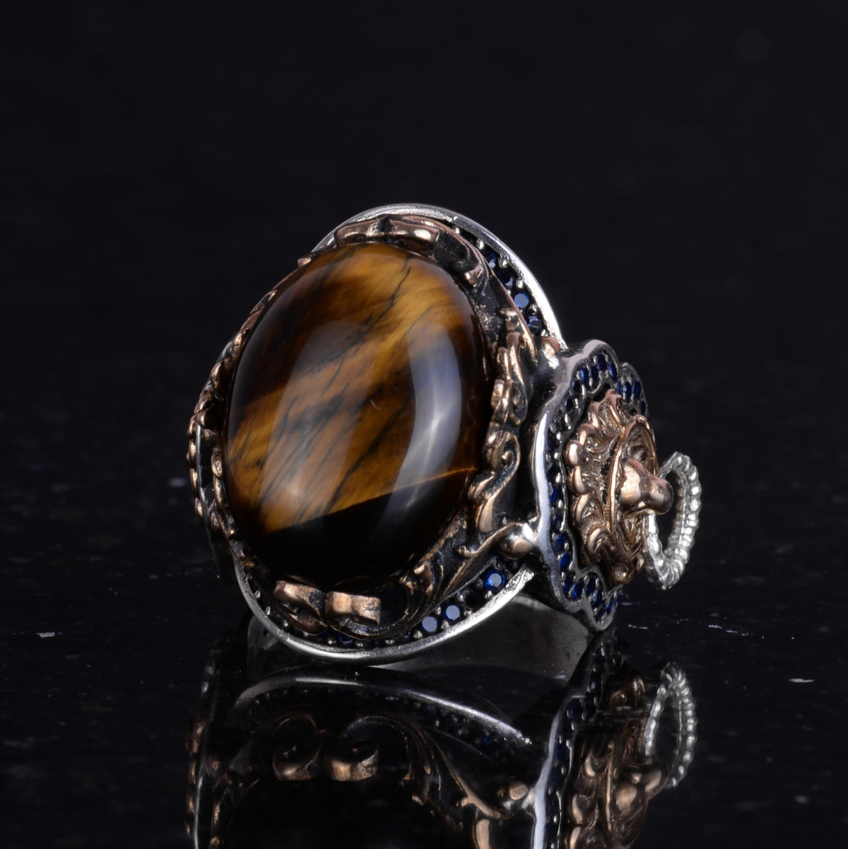 Handmade Tiger Eye Stone Ring, Lion Symbol Ring - 925K Pure Silver Men's Ring - Brave Design — 6