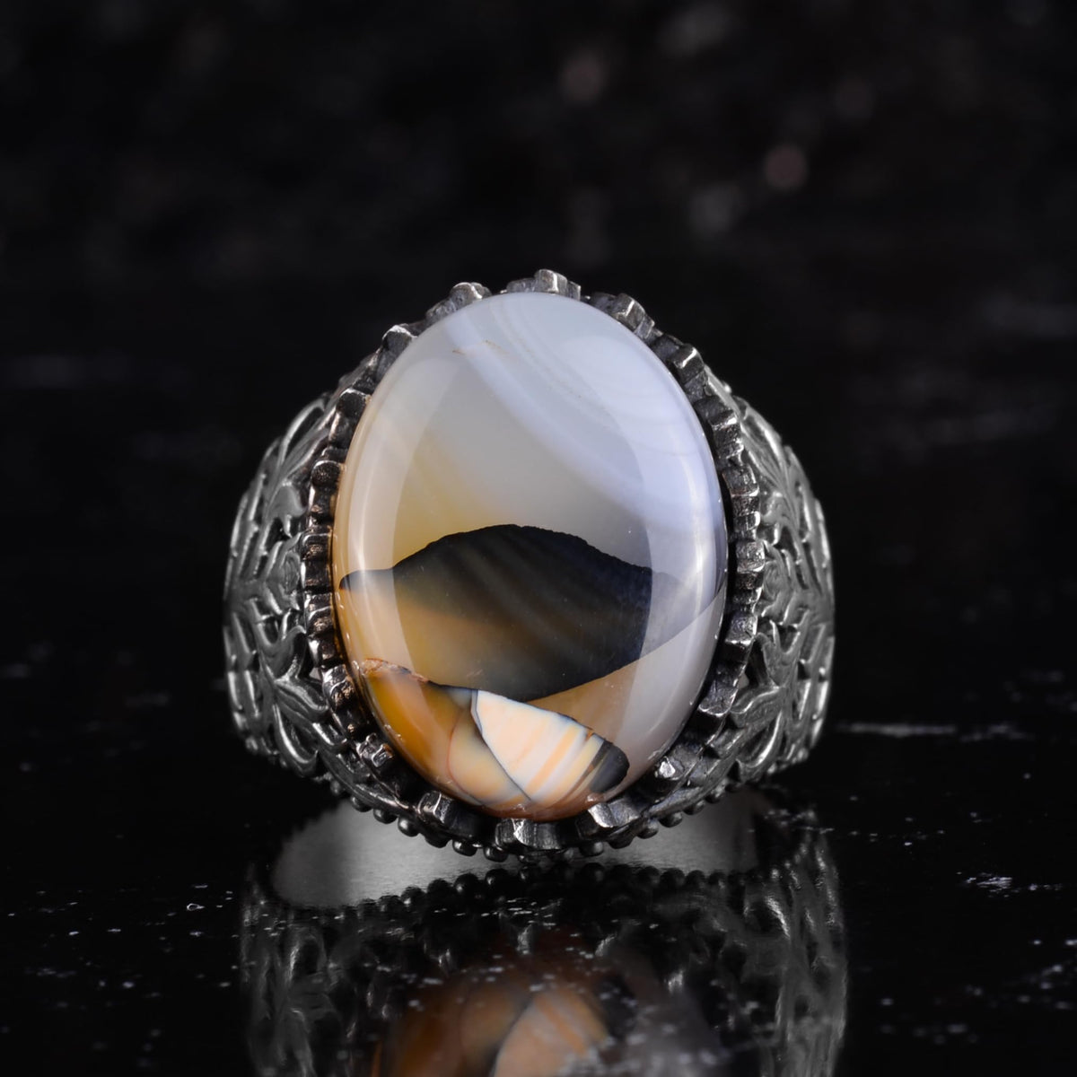 KAMBO Natural Yemen Agate Stone Ring – 925 Sterling Silver Decorative Men's Ring – Handmade Vintage Statement Ring (Yemen Agate-1) — 3