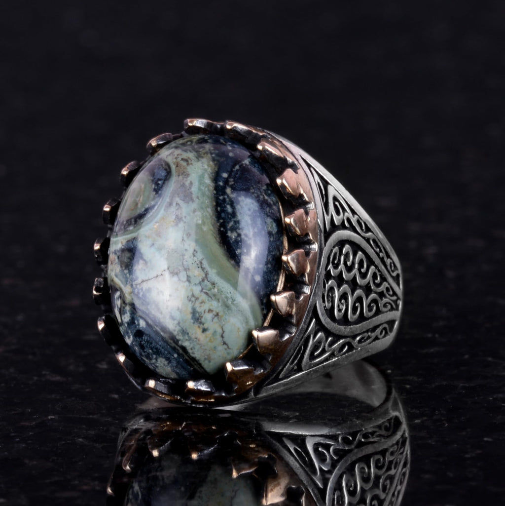 925 Sterling Silver Men's Ring - Natural Green Eye Stone — 4