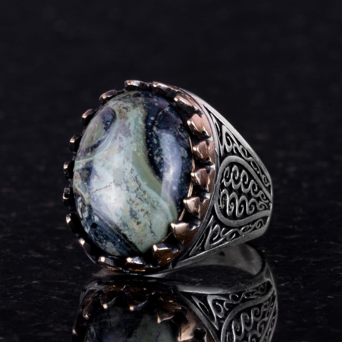 925 Sterling Silver Men's Ring - Natural Green Eye Stone — 4