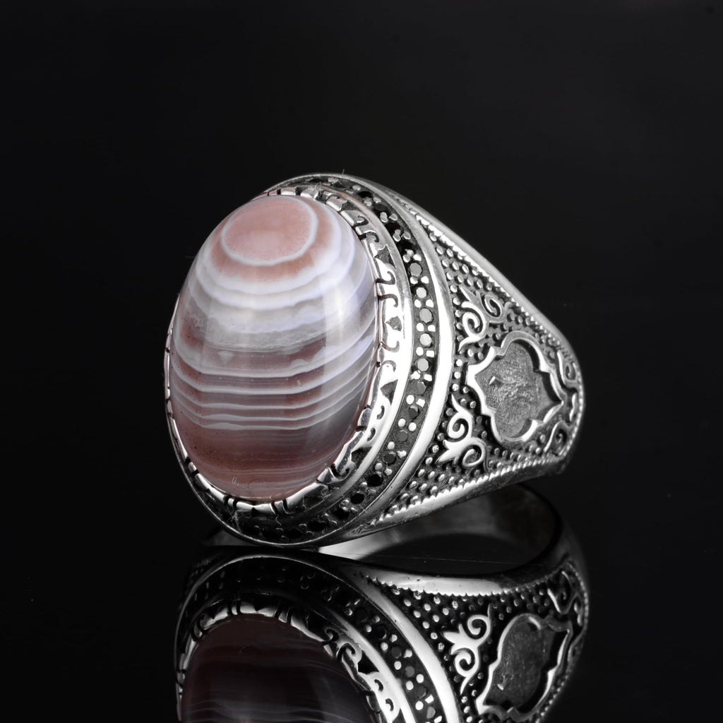 KAMBO Men's Natural Agate Stone Ring – 925 Sterling Silver Handmade Ottoman Star Motif Statement Ring – Islamic Heritage Jewelry (Style-3) — 5