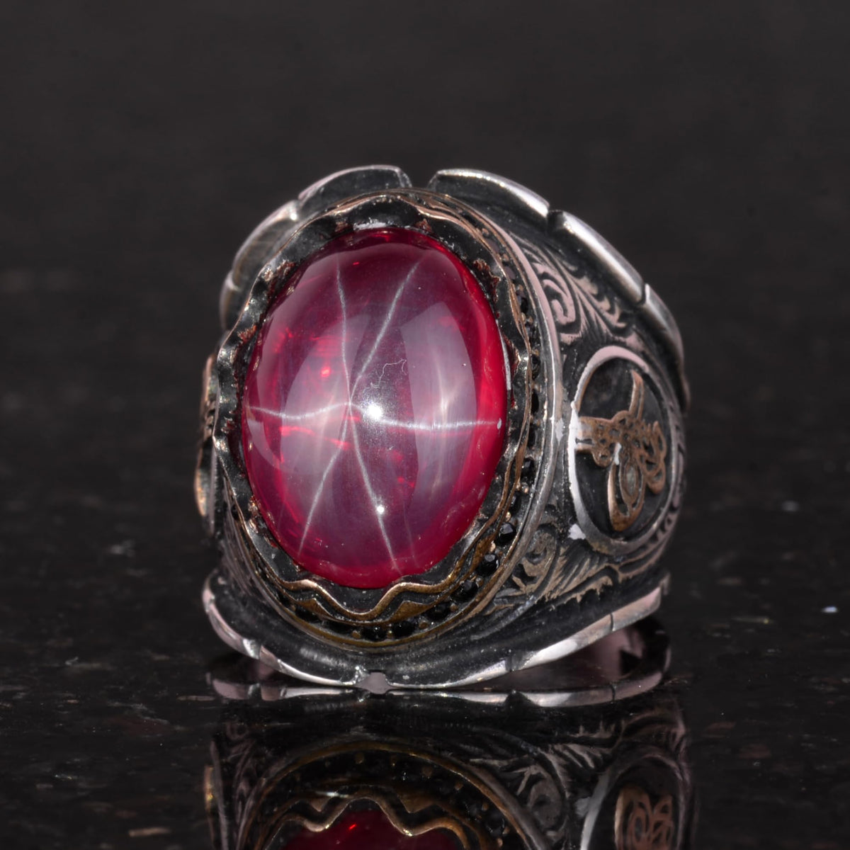 925 Sterling Silver Men's Ring, Handmade Natural Star Ruby Stone Ring, Ottoman Tugra Silver Ring — 5