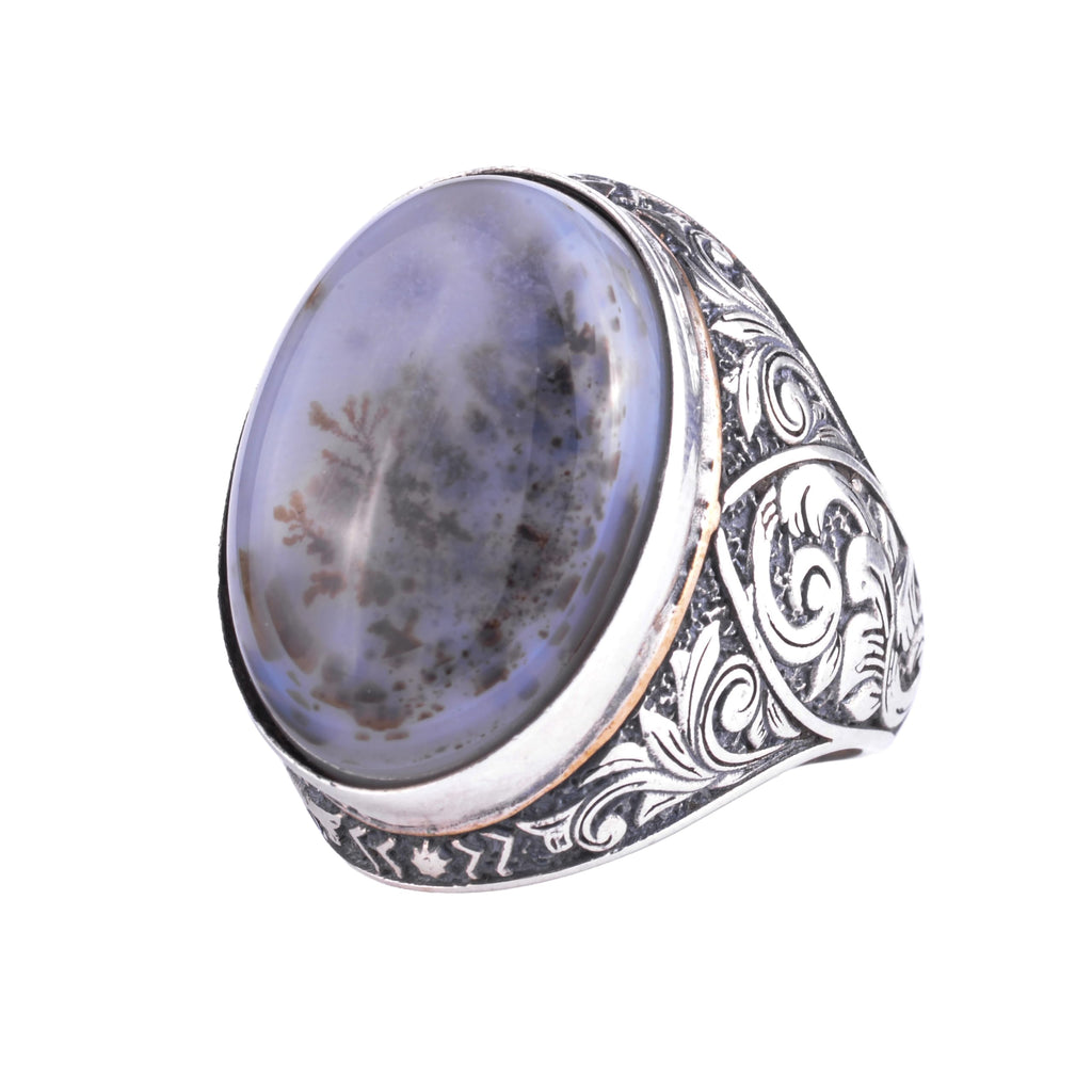 KAMBO Natural Yemen Agate Large Men's Ring - Dendritic Aqeeq Stone Ring - Oval Stone Vintage Floral Engraved Statement Ring - 925 Sterling Silver Handmade Men's Jewelry