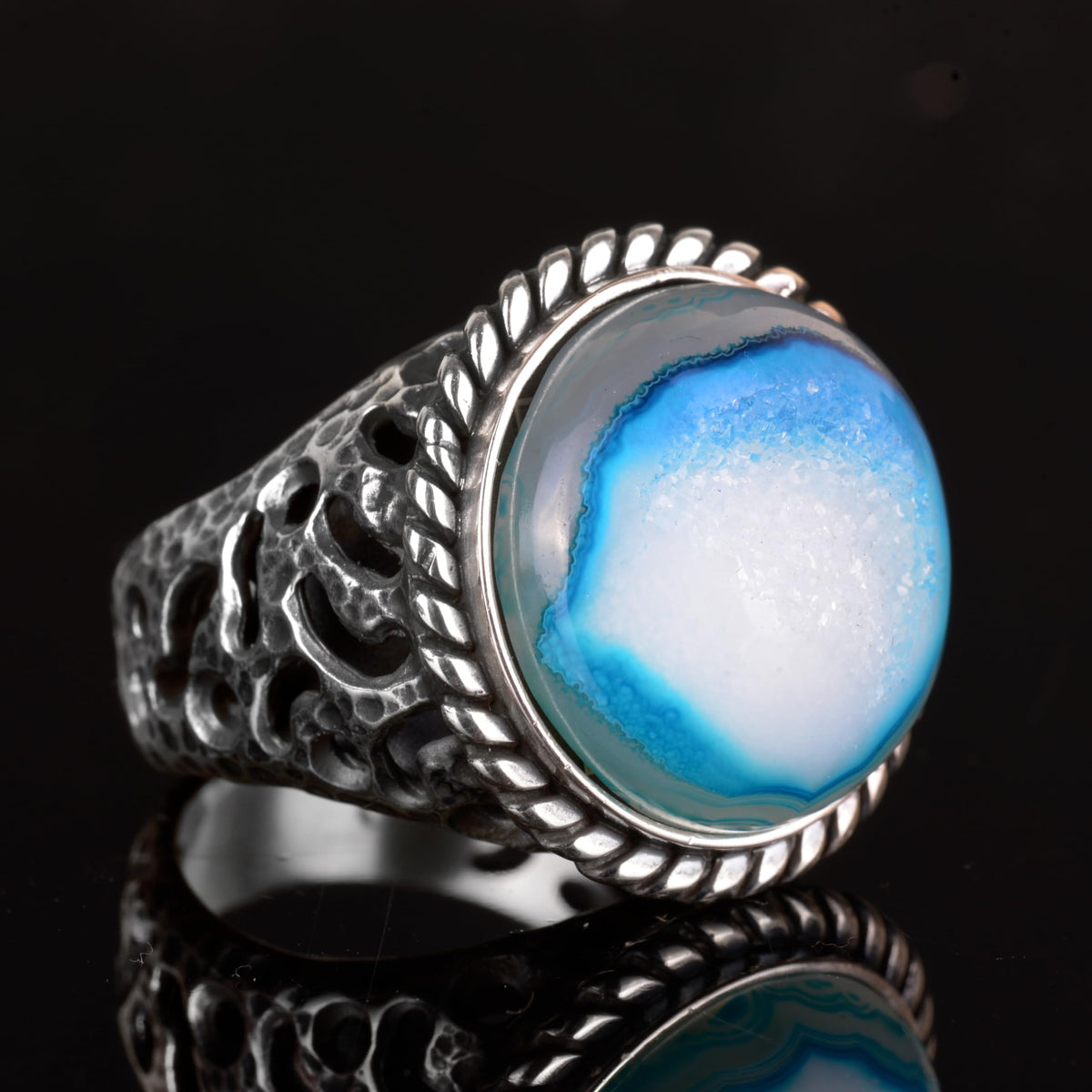 Natural Druzy Quartz with 925 Sterling Silver Ring (Blue) — 3