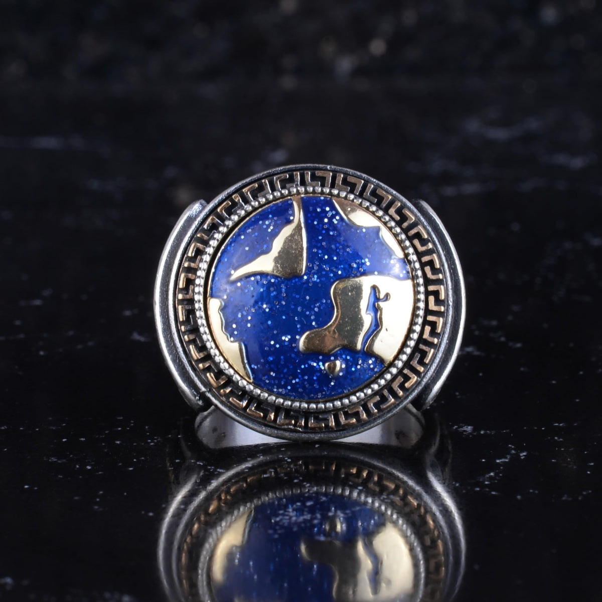 KAMBO World Map Men's Ring with Bronze Details 925 Sterling Silver Blue Enamel Globe Design Handmade Statement Ring — 4