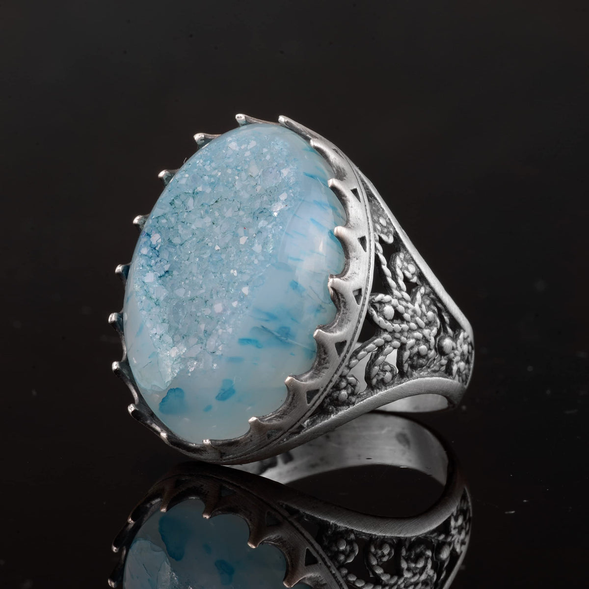 Silver Men's Ring Drusy Quartz Aqua - Shiny Stone Collection — 6