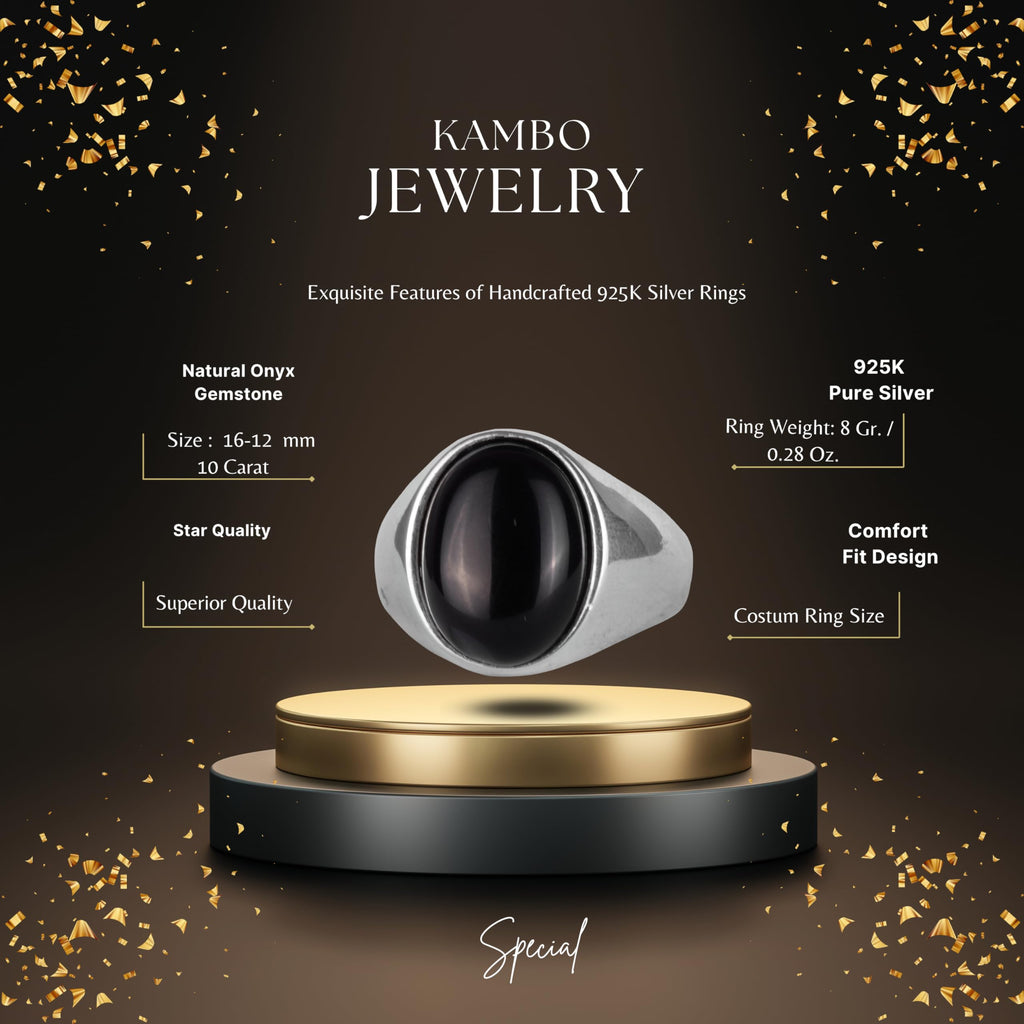 KAMBO Natural Men's Ring – 925 Sterling Silver Minimalist Oval Stone Ring – Handmade Classic Statement Jewelry (Onyx) — 2