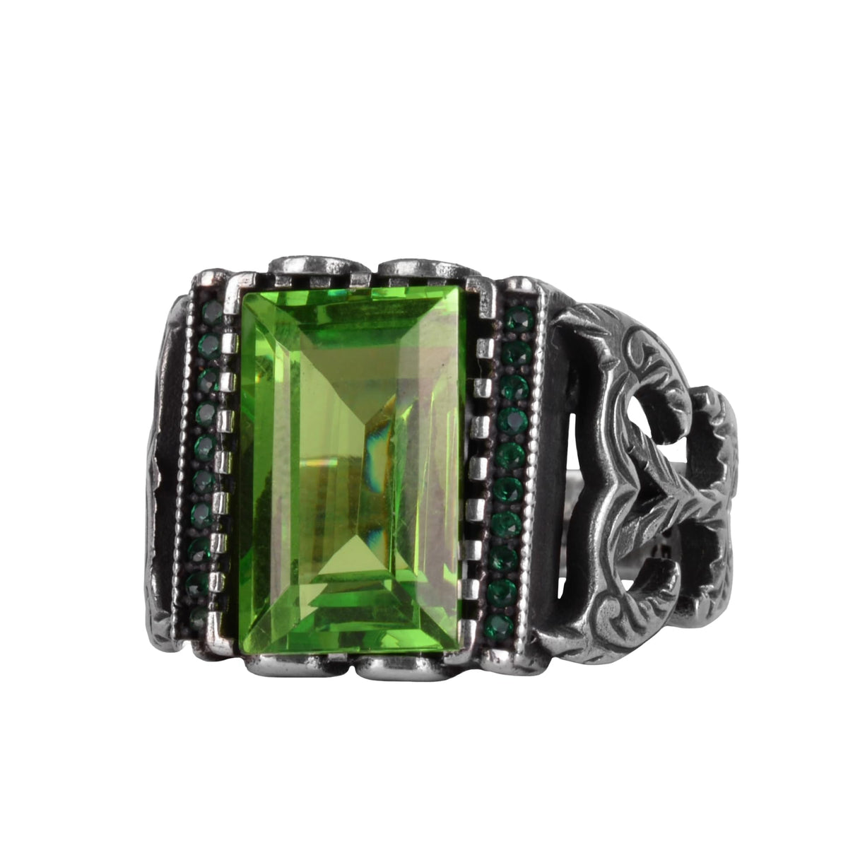 KAMBO Peridot Stone Men's Ring – 925 Sterling Silver Rectangular Cut Statement Ring, Handmade, Certified Stone