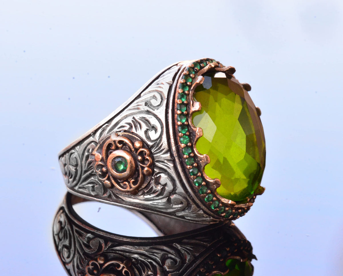 Handmade Silver Men's Ring | Green Artificial Peridot Stone | Renewal and Goodness Design — 4