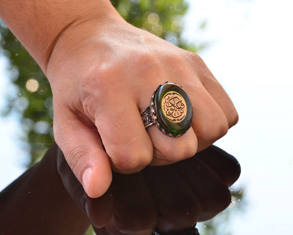 Handcrafted Green Stone Ring, 925 Sterling Silver Islamic Men's Ring — 7