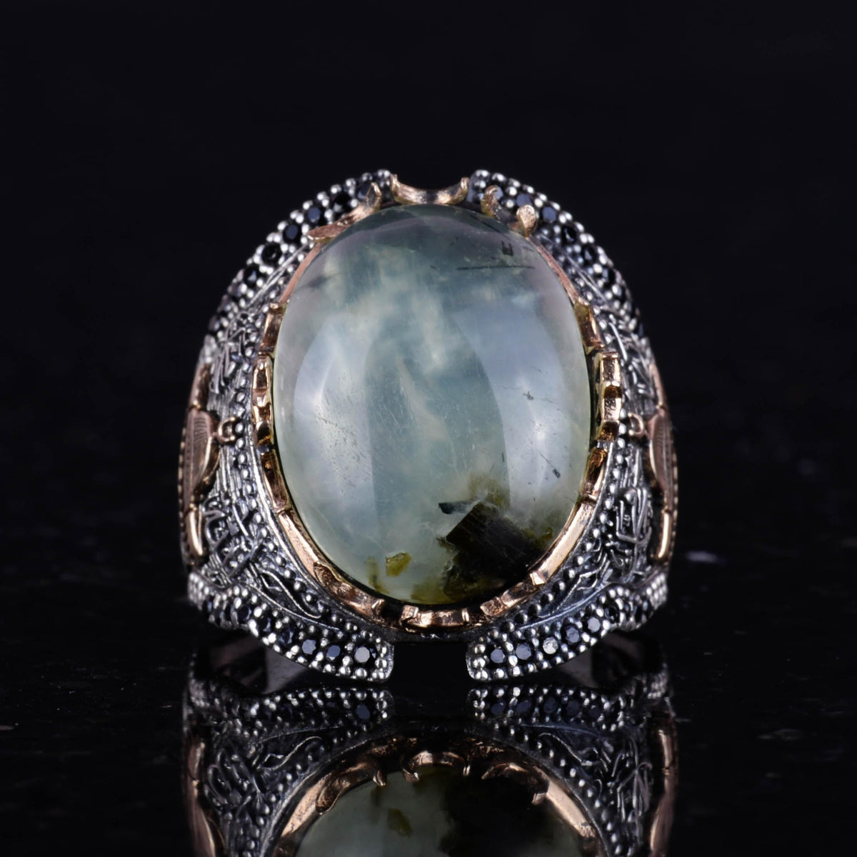925 Sterling Silver Men's Ring, Mosque Prehnite Stone Ring — 3