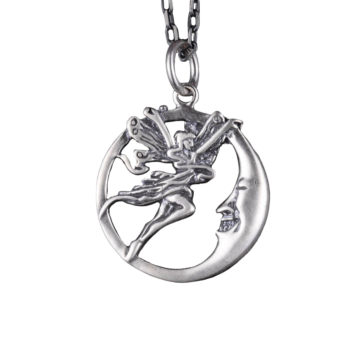 925 Sterling Silver Fairy and Moon Necklace, Handmade Stylish Necklace, Unique Silver Jewelry