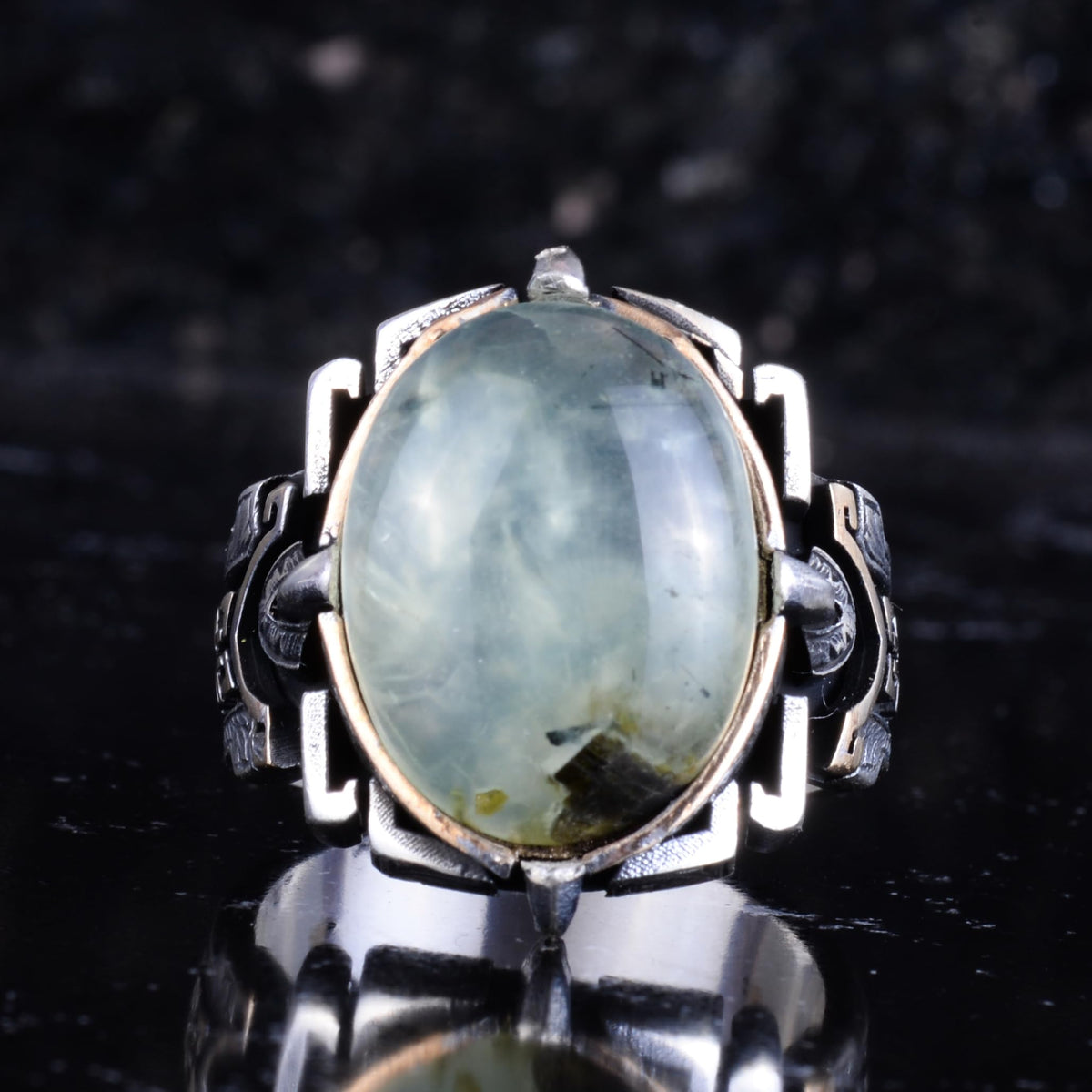KAMBO Natural Stone Ring 925 Sterling Silver – Handmade Men's Statement Ring Healing Jewelry (Prehnite) — 4