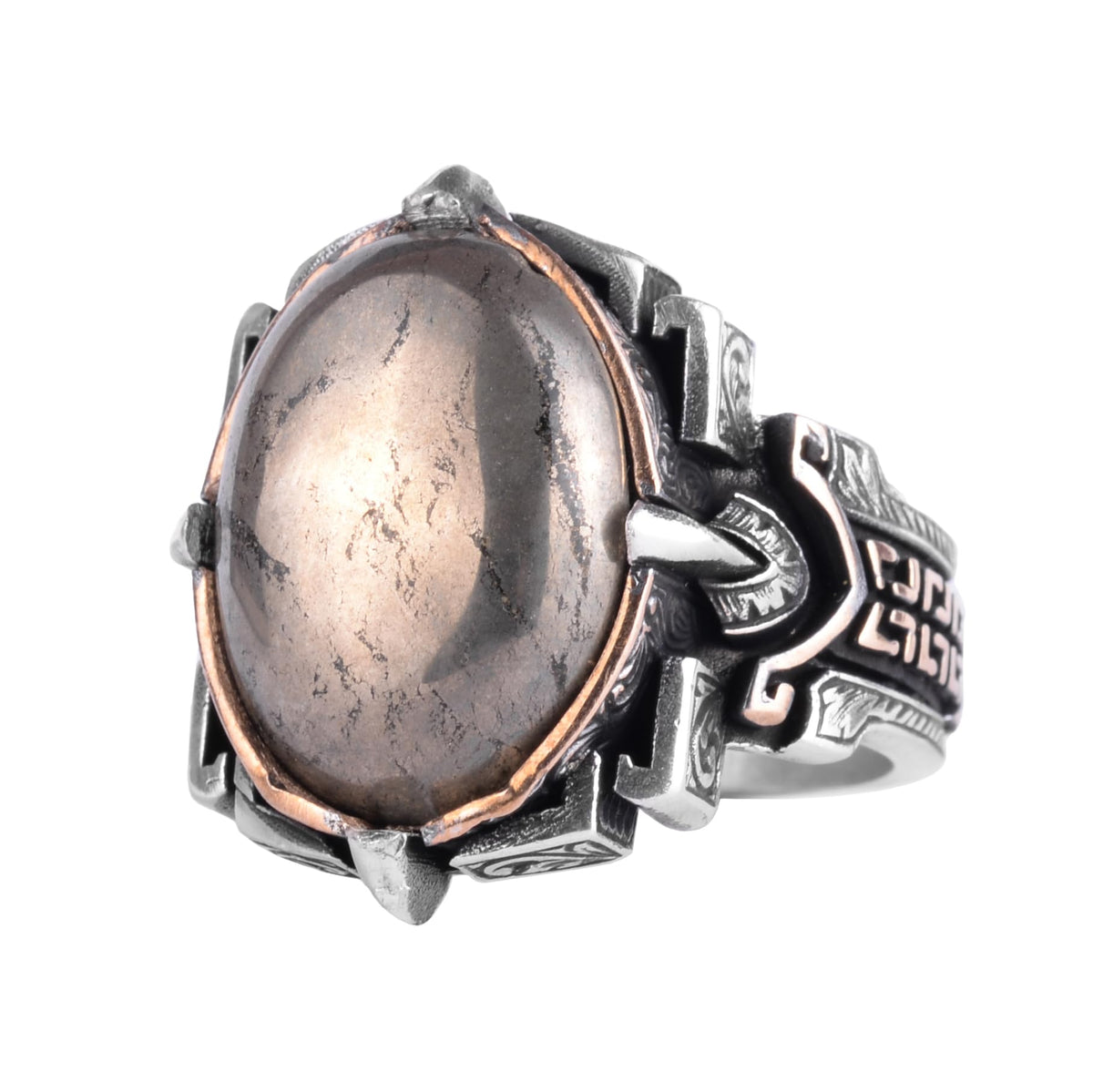 KAMBO Natural Stone Ring 925 Sterling Silver – Handmade Men's Statement Ring Healing Jewelry (Pyrite)