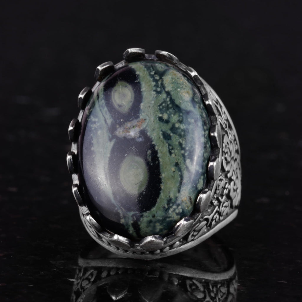 Natural Green Eye Stone Ring - Rose Pattern 925 Sterling Silver Handmade Ring — 5