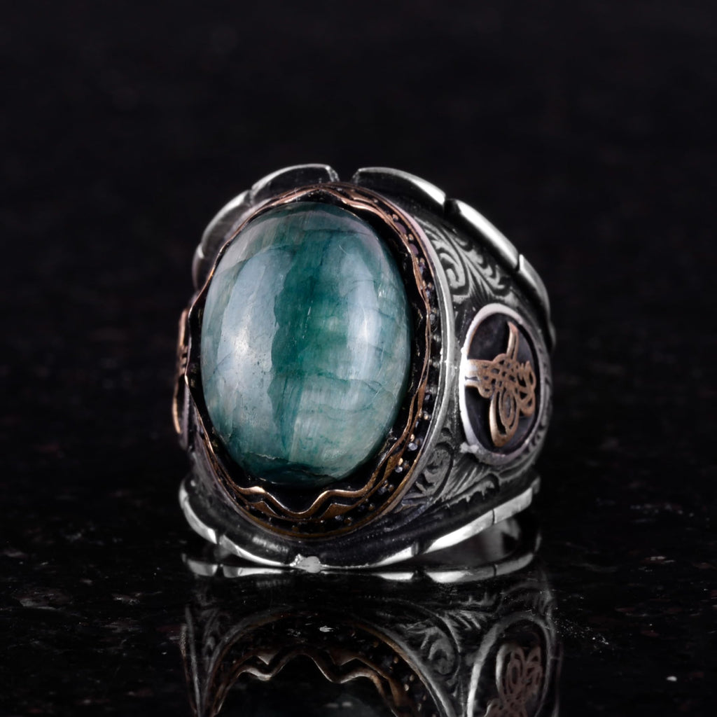 Ottoman Tugra Silver Ring with Natural Cabochon Emerald Stone 925 Sterling Silver Men's Ring — 5