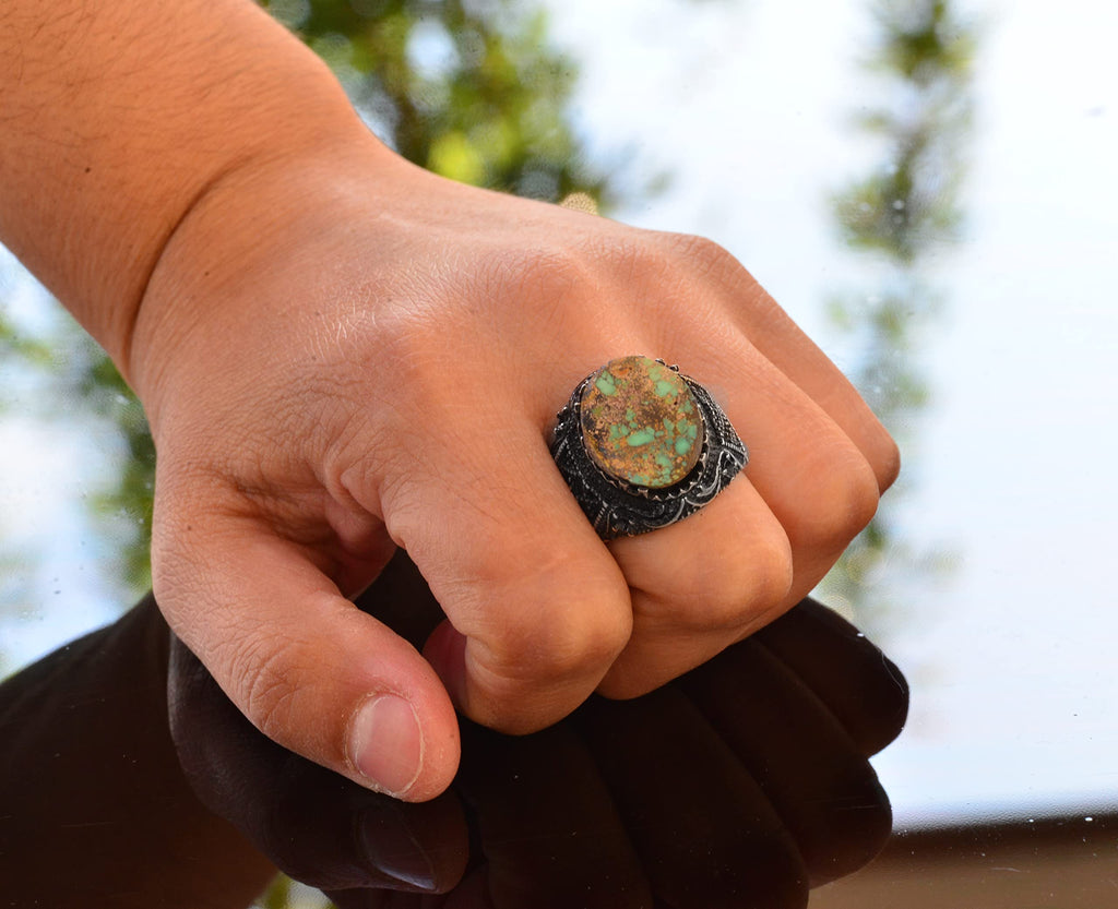 925 Sterling Silver Natural Arizona Turquoise Stone Men's Ring — 7