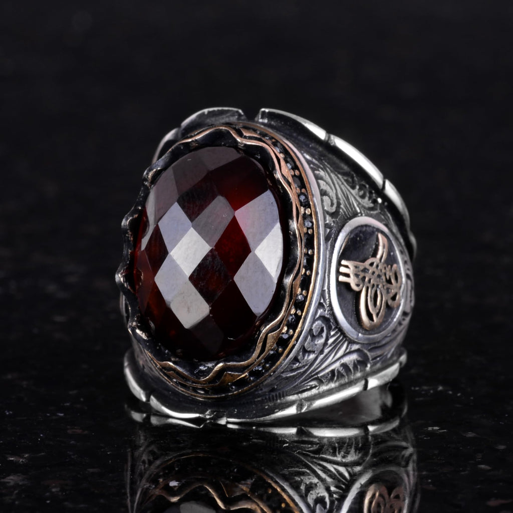 Natural Garnet Stone Ring, 925 Sterling Silver, Ottoman Tughra Ring — 4