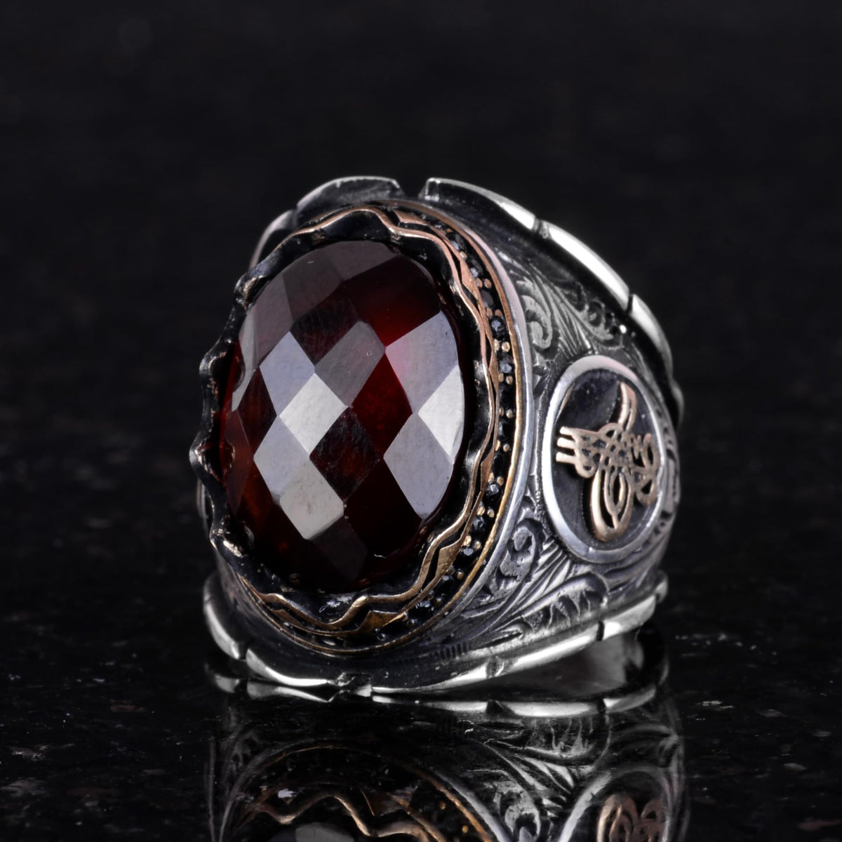 Natural Garnet Stone Ring, 925 Sterling Silver, Ottoman Tughra Ring — 4