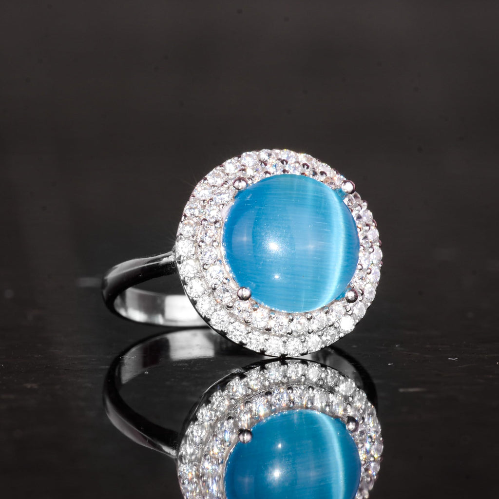 KAMBO Cat's Eye Silver Ring - Women's Silver Ring (Blue Cat's Eye) — 5
