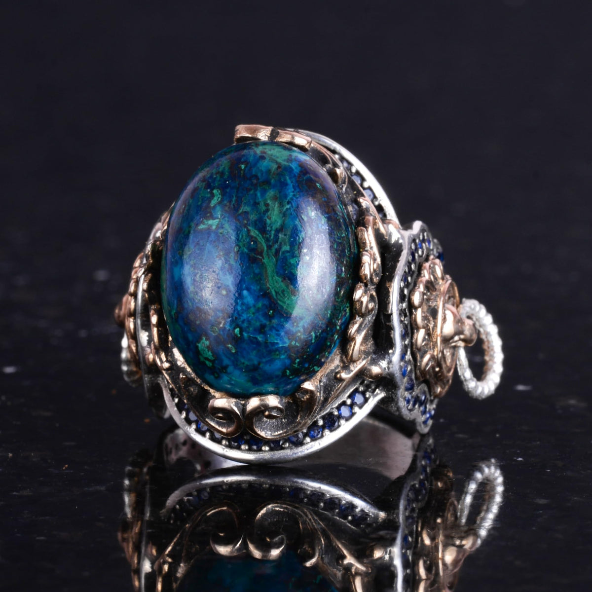Silver Lion Ring, Handmade Azurite Stone Ring — 6