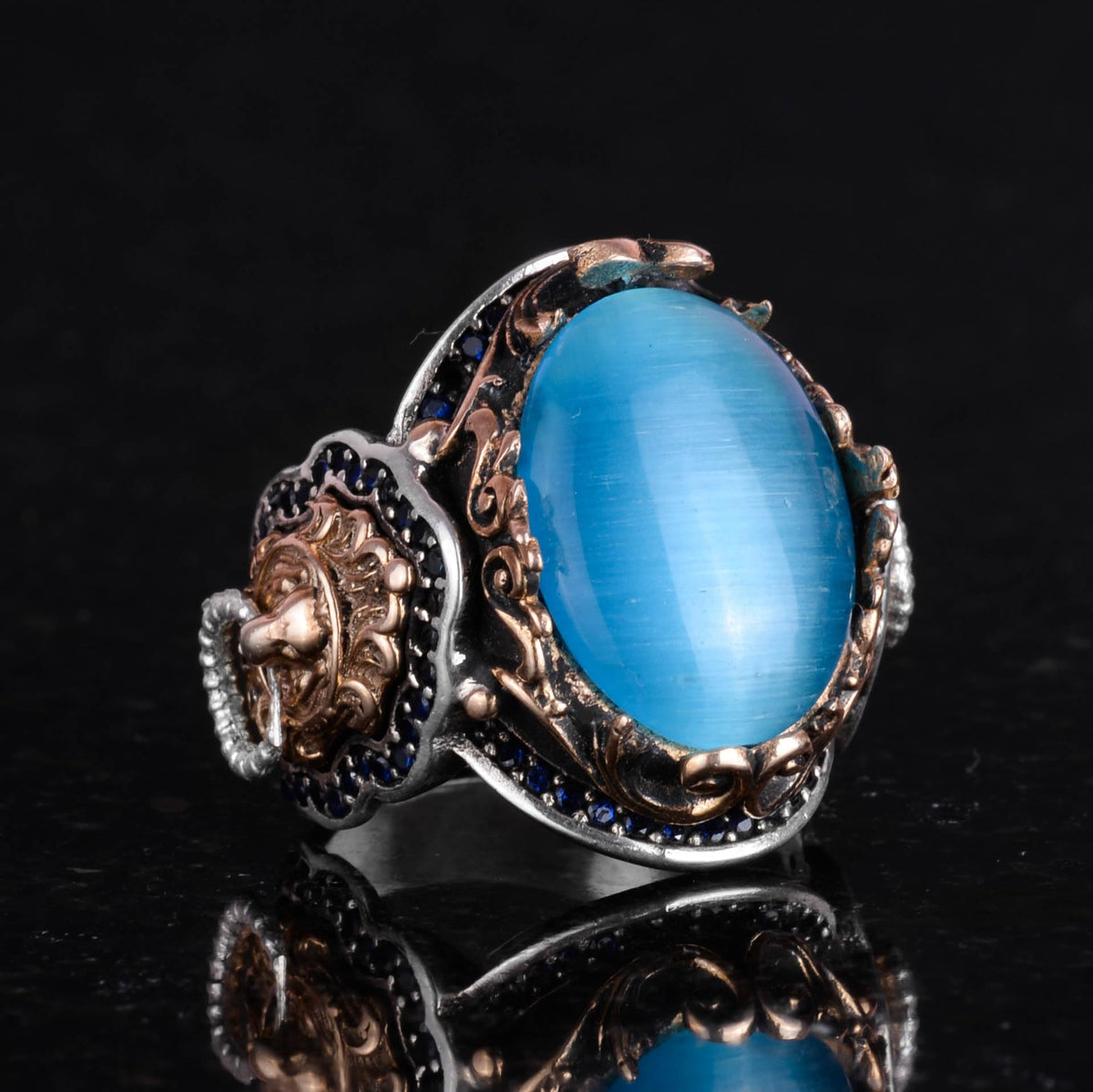 925 Sterling Silver Men's Ring - Light Blue Cat Eye Stone - Lion Symbol Handmade Ring — 5