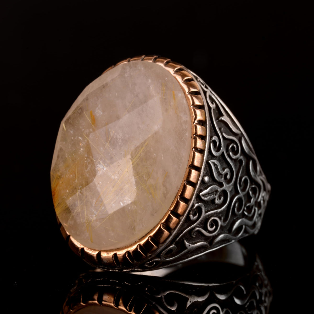 Real Natural Rutilated Quartz Stone Men's Ring - 925 Sterling Silver — 5
