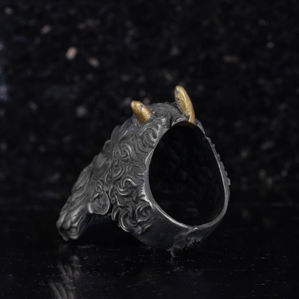 KAMBO Horned Elder Men's Ring – Gold Plated Horned 925 Sterling Silver – Mythological Bearded God Gothic Statement Ring – Handmade Artisan Jewelry — 7