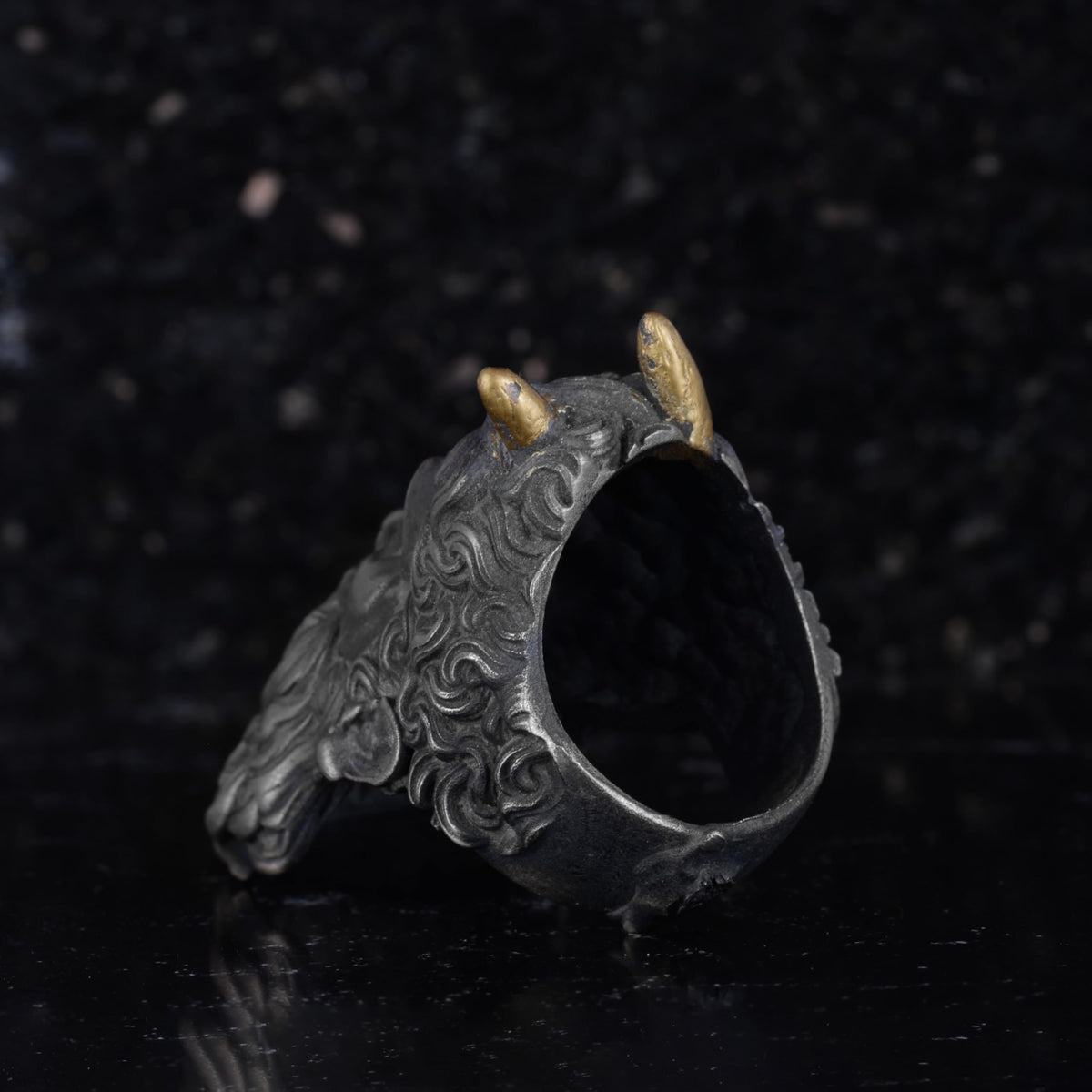 KAMBO Horned Elder Men's Ring – Gold Plated Horned 925 Sterling Silver – Mythological Bearded God Gothic Statement Ring – Handmade Artisan Jewelry — 7