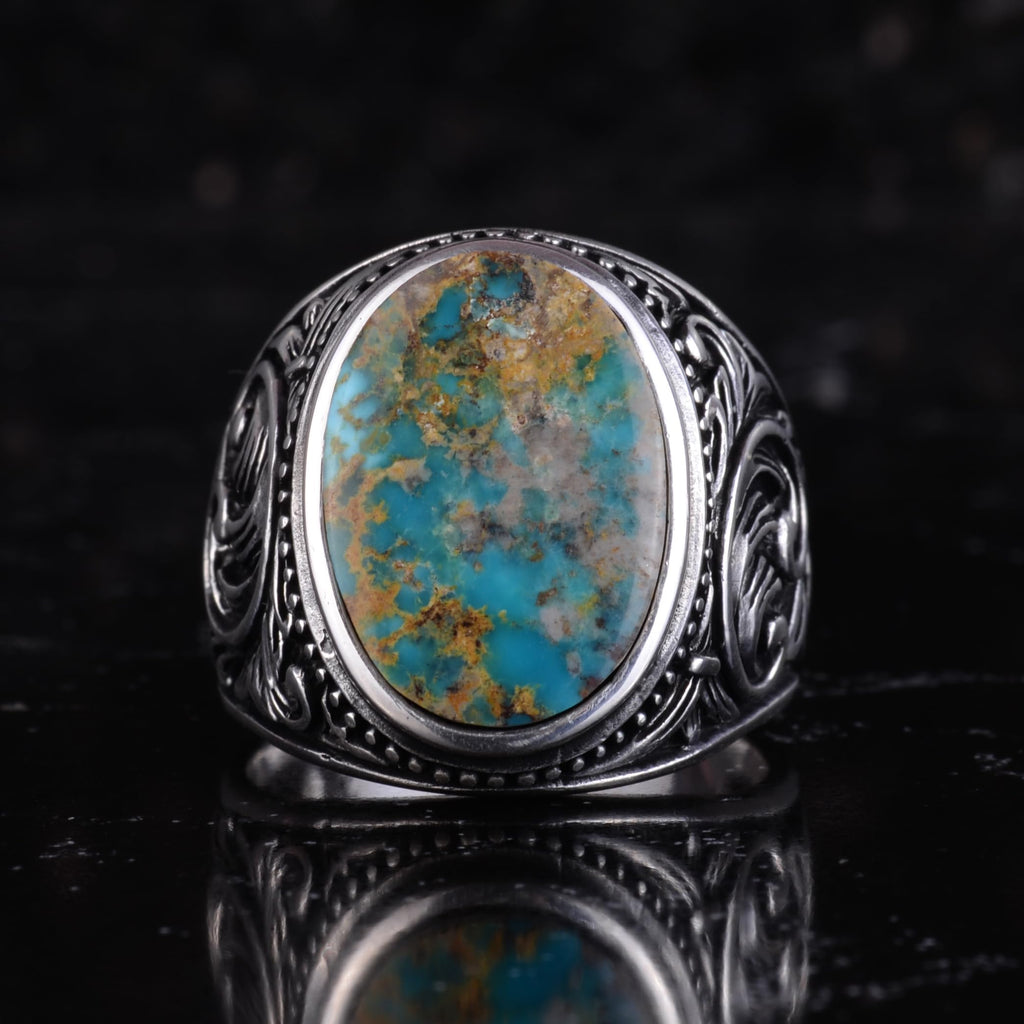 KAMBO Natural Turquoise Stone Men's Ring 925 Sterling Silver Oval Cabochon Ottoman Sliding Pattern Handmade Vintage Style Ring (Turquoise-4) — 4