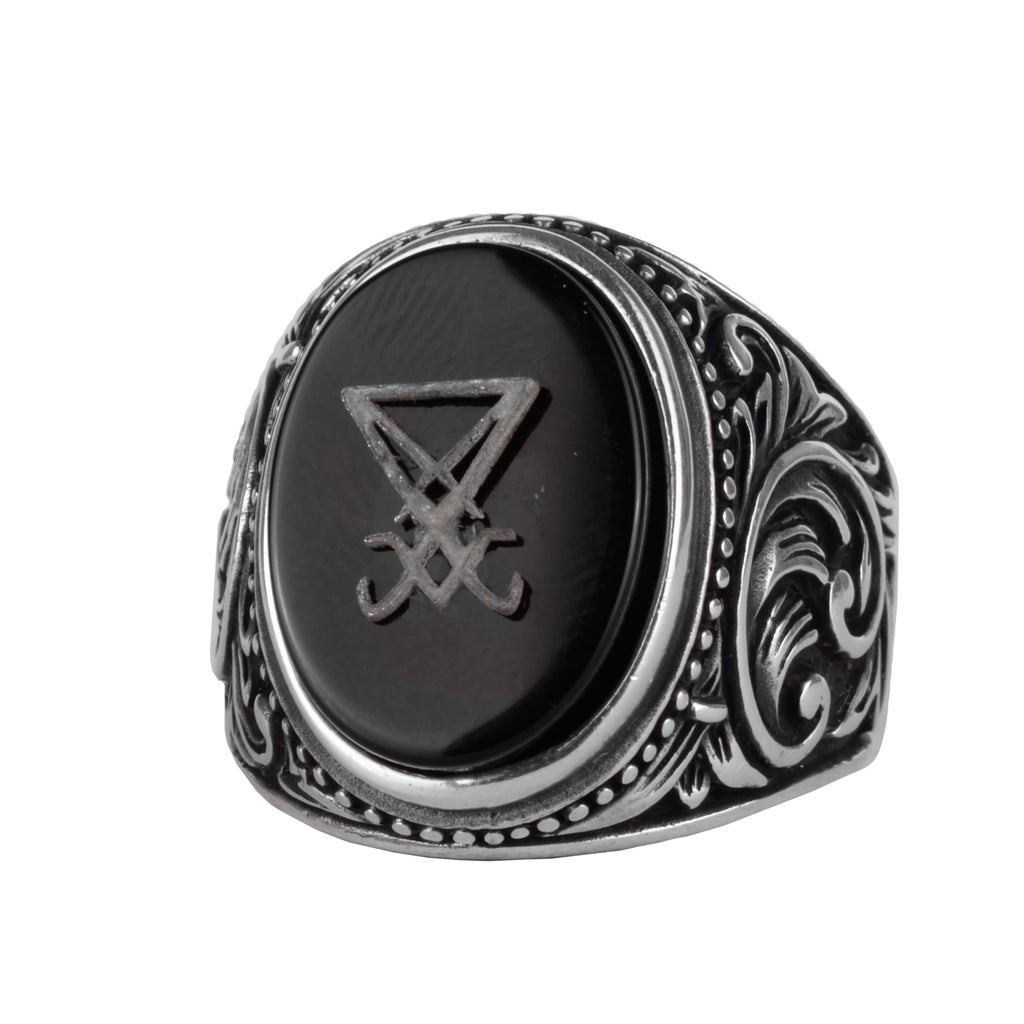 Men's Natural Onyx Ring – 925 Sterling Silver Ring with Sigil Symbol Engraved Black Onyx Stone – Handmade Gothic Statement Ring
