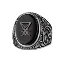Men's Natural Onyx Ring – 925 Sterling Silver Ring with Sigil Symbol Engraved Black Onyx Stone – Handmade Gothic Statement Ring
