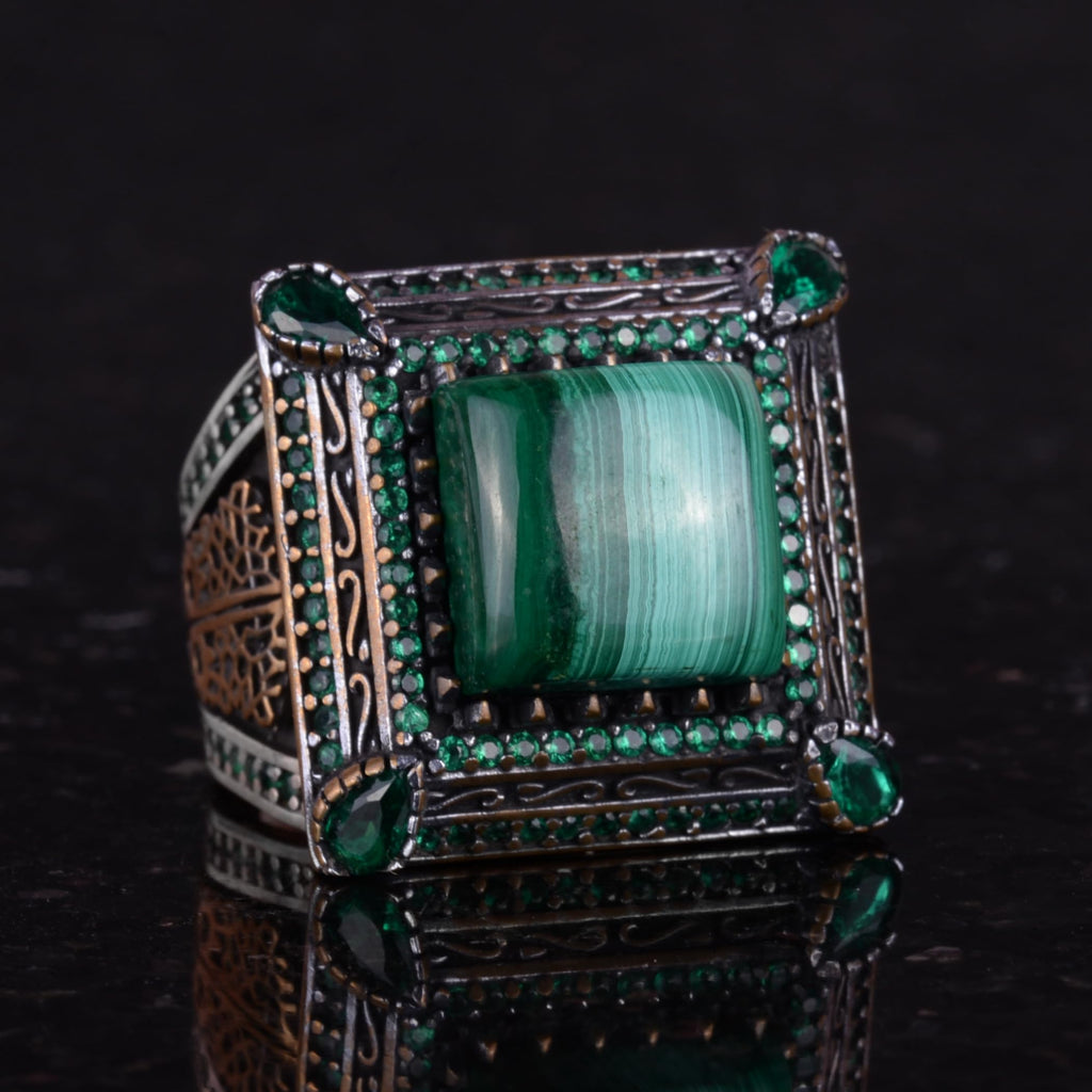 925 Sterling Silver Men's Ring - Natural Malachite Stone, Luxurious and Unique Design — 5